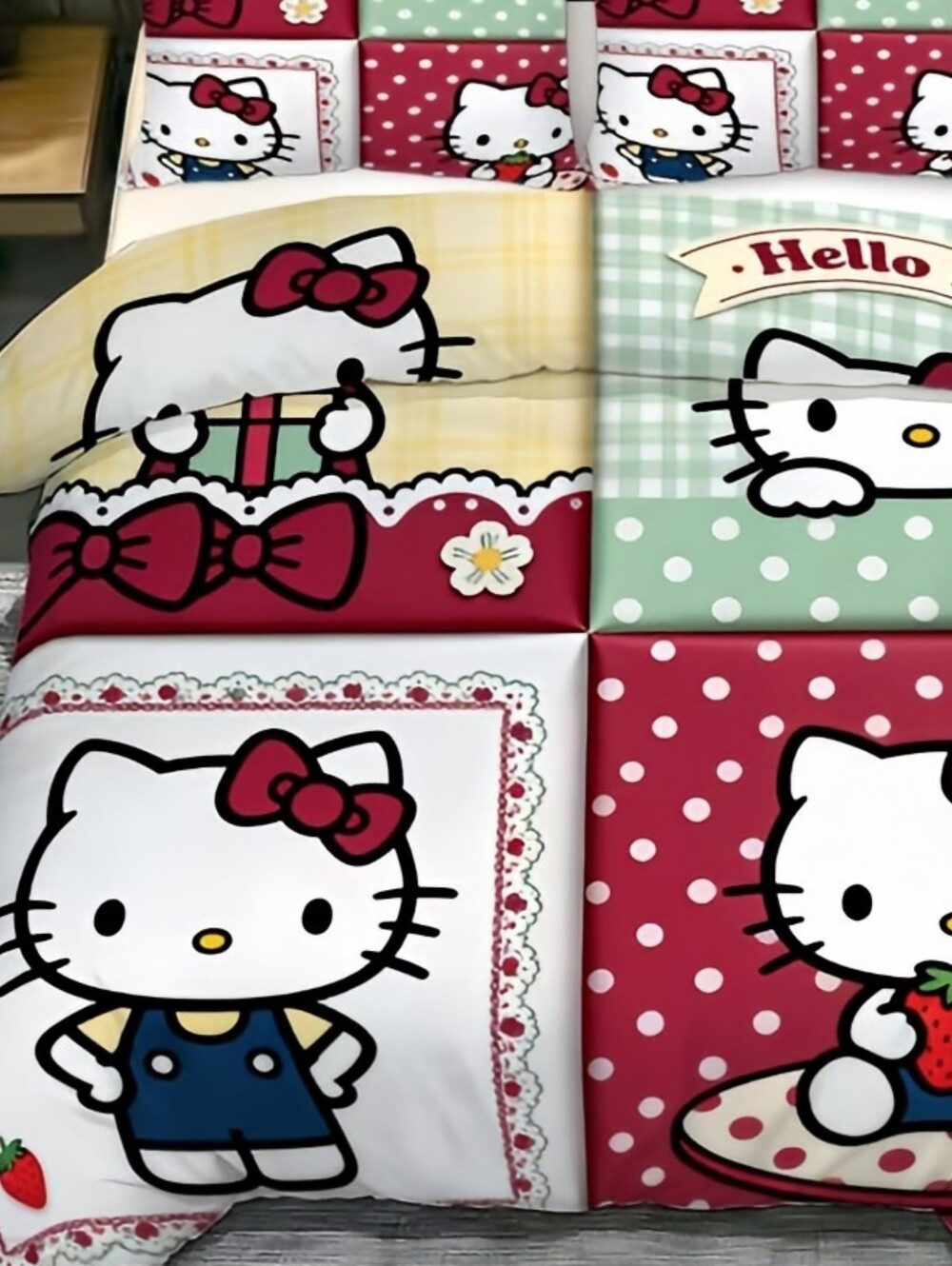 Hello Kitty Patch Work Inspired Set - Duvet Cover & Pillowcases (Twin)